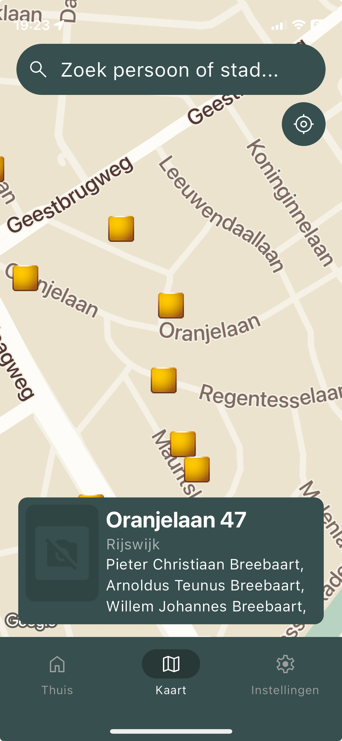 The app: map with Stolpersteine in Rijswijk