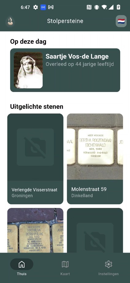 The app: start screen with 'On this day' and stones in the spotlight